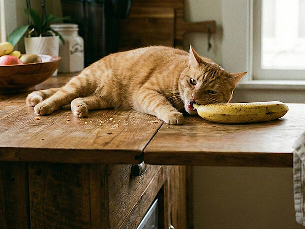 Katze liegt auf Küchenanrichte und beißt in eine Banane