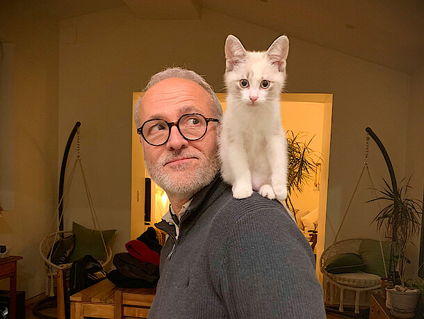Kitten steht bei Mann auf der Schulter Kitten steht bei Mann auf der Schulter
