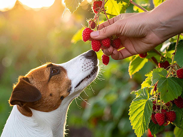 Hund isst Himbeeren vom Strauch Hund isst Himbeeren vom Strauch