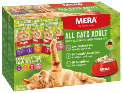 24:MERA Cats All Cats Adult Nassfutter Multibox Mit den Geschmacksrichtungen Huhn, Rind, Ente & Lachs