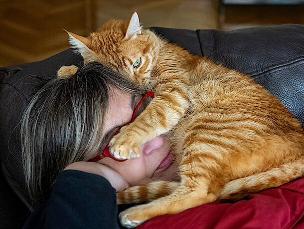 Katze liegt bei Frau im Gesicht 