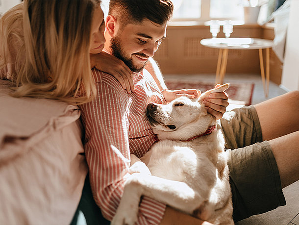 Frau und Mann sitzen mit ihrem Hund am Bettende mera petfood Hunderatgeber - Bandscheibenvorfall beim Hund