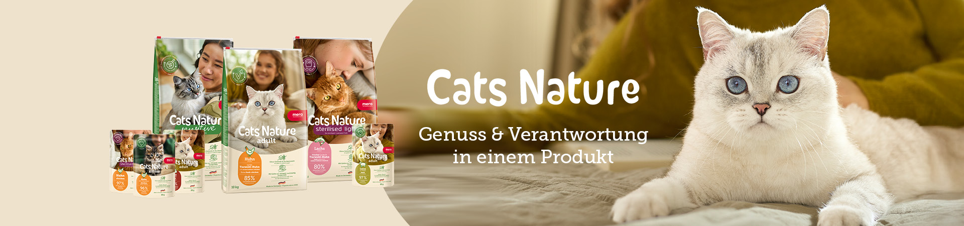 mera Cats Nature Keyvisual mit Packshots - Headerbild mera Cats Nature Keyvisual mit Packshots - Headerbild