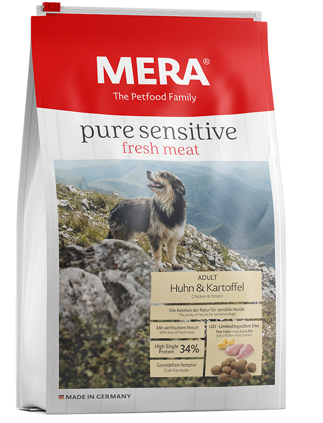 Trockenfutter für Hunde mit Einer Rezeptur ohne Getreide und 40% Frischfleisch MERA Pure Sensitive Fresh Meat Adult Huhn und Kartoffel Hundefutter 