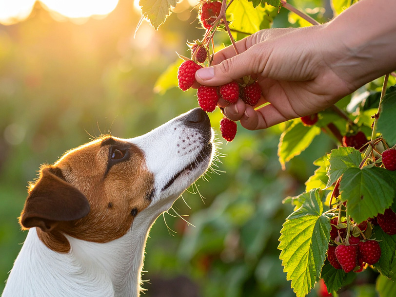 Hund isst Himbeeren vom Strauch Hund isst Himbeeren vom Strauch