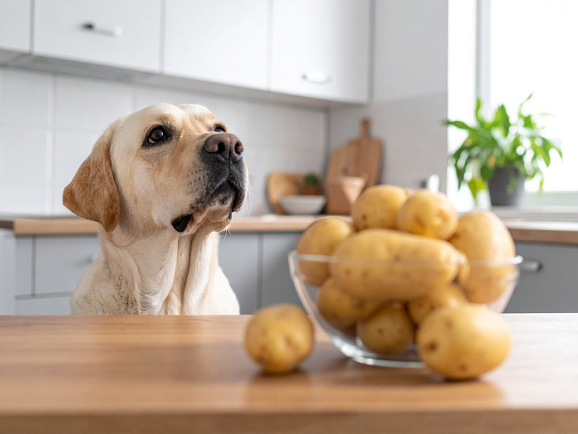 Hund wartet darauf Kartoffeln essen zu dürfen Hund wartet darauf Kartoffeln essen zu dürfen