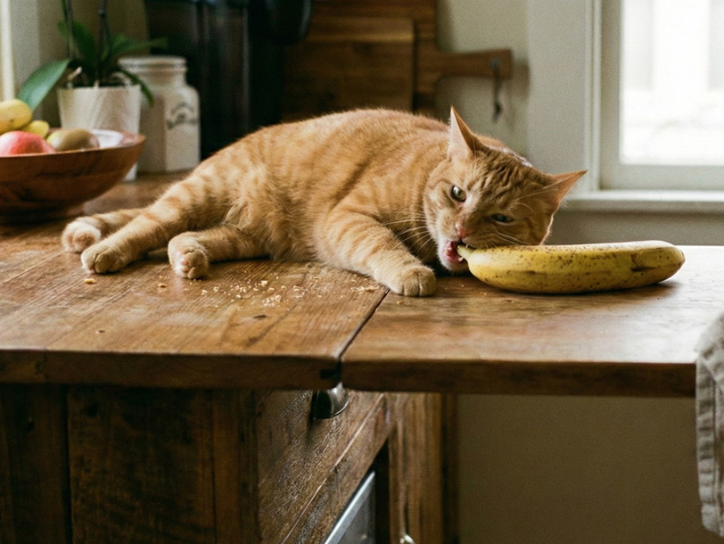 Katze liegt auf Küchenanrichte und beißt in eine Banane
